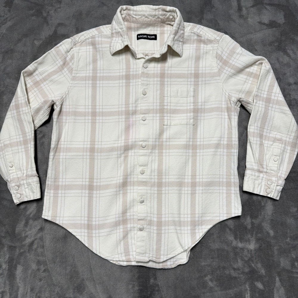 Naomi Nomi Plaid Shirt Womens Large Cream Tan Flannel Cotton Button Down Pocket